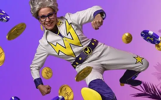 Wildz welcome offer art: the Wildz character in a lightning suit among gold coins and chips